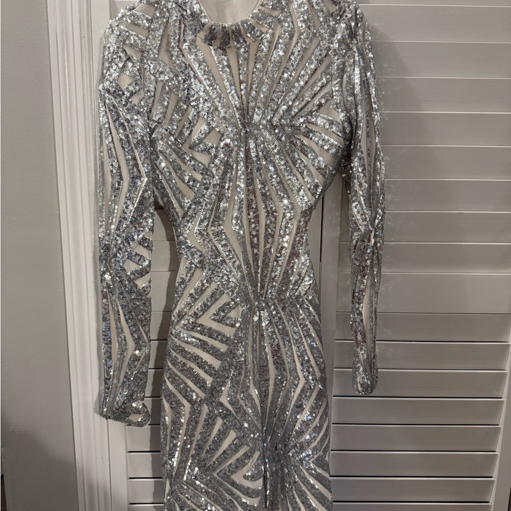 Fashion Nova Silver Sequin Backless Dress
